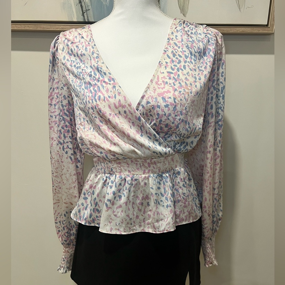 Express Pink and Blue Puff Sleeve Wrap Blouse